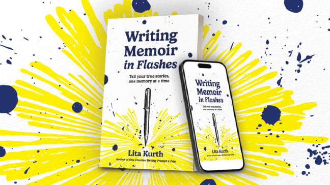 The paperback and ebook versions of Writing Memoir in Flashes by Lita Kurth: the book cover has a line-art pen creating a burst of yellow lines radiating from its tip, with blue ink splatters, on a white paper-texture background.