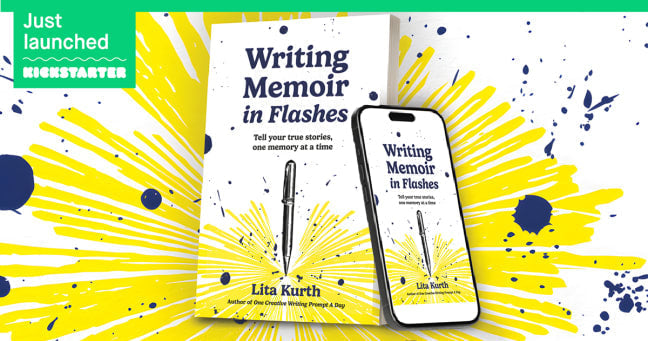 The paperback and ebook versions of Writing Memoir in Flashes by Lita Kurth: the book cover has a line-art pen creating a burst of yellow lines radiating from its tip, with blue ink splatters, on a white paper-texture background.