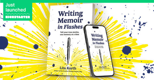 The paperback and ebook versions of Writing Memoir in Flashes by Lita Kurth: the book cover has a line-art pen creating a burst of yellow lines radiating from its tip, with blue ink splatters, on a white paper-texture background.