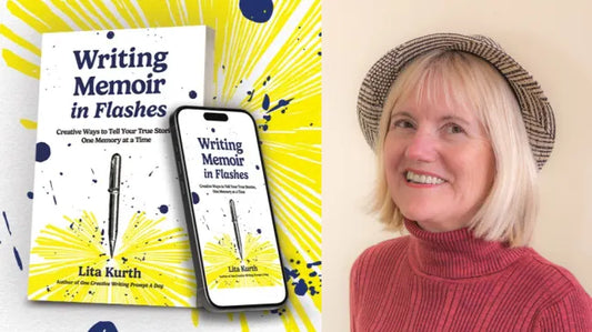 Short version: A book cover with line-art pen creating a burst of yellow lines radiating from its tip, with blue ink splatters, on a white paper-texture background. And a photo of author Lita Kurth, smiling and wearing a hat and a red sweater.